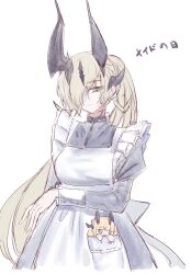  1girl apron arknights black_dress blonde_hair character_doll cowboy_shot doll dragon_girl dragon_horns dress enmaided green_eyes hair_over_one_eye highres horns long_hair maid necrass_(arknights) object_in_pocket one_eye_covered pocket ponytail protected_link reed_(arknights) simple_background solo very_long_hair white_apron white_background yuuki_(yukitomoka) 