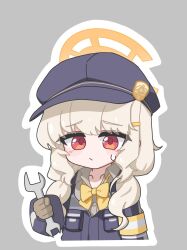  1girl aoba_(blue_archive) armband blonde_hair blue_archive bow bow_camisole bowtie commentary_request fluffy_hair grey_background halo hat highres holding holding_wrench kuuki_yomenai long_hair low_twintails newsboy_cap orange_halo peaked_cap red_eyes simple_background solo twintails wrench yellow_armband yellow_bow yellow_bowtie 