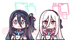  >:( 2girls aris_(blue_archive) black_hair blue_archive blue_eyes blue_necktie blush chibi chibi_only closed_mouth commentary cup double-parted_bangs green_halo hair_between_eyes halo holding holding_cup jacket kei_(blue_archive) kei_(new_body)_(blue_archive) long_hair long_hair_between_eyes long_sleeves multiple_girls necktie one_side_up pink_halo rectangular_halo red_eyes simple_background smile untranslatable_commentary upper_body v-shaped_eyebrows white_background white_hair white_jacket yoru_nai 