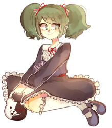  1girl alternate_hairstyle black_dress closed_mouth danganronpa_(series) danganronpa_another_episode:_ultra_despair_girls dress eyelashes frills full_body green_eyes green_hair grey_shoes hair_ribbon highres holding kneehighs kneeling long_sleeves monokuma neck_ribbon outline reakemi red_ribbon ribbon shoes simple_background smile socks solo themed_object towa_monaca twintails white_background white_outline white_socks 