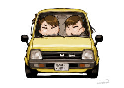  2girls artist_name brown_hair car chibi closed_eyes closed_mouth commentary_request driving futami_ami futami_mami idolmaster idolmaster_(classic) kayatsu_urotoma motor_vehicle multiple_girls short_hair siblings side_ponytail signature simple_background sisters smile twins vehicle_request white_background yellow_car 
