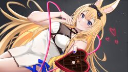  1girl animal_ears black_bow blonde_hair blue_eyes blue_nails blue_ribbon bow breasts byte-artist chocolate dress eating grey_background hair_bow highres indie_virtual_youtuber long_hair looking_at_viewer medium_breasts rabbit_girl ribbon see-through_cleavage see-through_clothes solo thighs very_long_hair virtual_youtuber white_dress yenko_(vtuber) 
