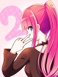  1girl blue_eyes bow breasts brown_bow brown_shirt character_request commentary_request eyelashes fingernails go-toubun_no_hanayome highres hyoe_(hachiechi) long_hair long_sleeves looking_back multicolored_nails nail_polish pink_hair ponytail shirt sidelocks simple_background solo v white_background 