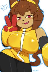 1girl alternate_breast_size_(larger) animal_ears arm_up artist_name bare_shoulders black_sleeves blush_stickers breast_focus breasts brown_hair cat_ears cat_girl cat_tail character_name cowboy_shot dress edolov fang fang_out furry furry_female gameoverse goggles goggles_on_head hair_between_eyes highres kit_(gameoverse) looking_at_viewer medium_hair open_mouth parted_lips red_eyes simple_background sleeveless sleeveless_dress smile snout solo tail tight_clothes tight_dress transparent_background v whiskers yellow_dress yellow_gauntlets