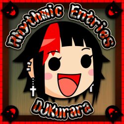  album_cover album_name artist_name black_hair blush_stickers cover cross cross_earrings djkurara djkurara_various ear_cuffs earrings head_only highres jewelry kurahlab multicolored_hair official_art open_mouth parody punk radioa_kurara red_background red_hair short_hair smile streaked_hair style_parody taiko_no_tatsujin wolf_cut yellow_background 