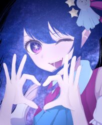  1girl :d ;d four-finger_heart_hands hair_between_eyes hair_ornament hair_ribbon hands_up heart heart_hands highres hoshino_ai long_hair looking_at_viewer one_eye_closed oshi_no_ko purple_hair rayamamami ribbon smile solo star-shaped_pupils star_(symbol) star_hair_ornament symbol-shaped_pupils teeth upper_body violet_eyes 