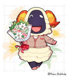  1girl :d ^_^ animal_crossing artist_name black_fur black_skin body_fur bouquet bow brown_cardigan brown_jacket cardigan closed_eyes colored_skin commentary_request curled_horns floral_background flower full_body furry furry_female furry_male goat_horns grid_background happy highres holding holding_bouquet holding_flower horns jacket kopa_nishikida long_sleeves male_focus one_eye_closed open_mouth orange_flower pink_bow pink_flower red_bow red_ribbon ribbon sheep_girl sheep_horns shirt simple_background smile solo twitter_username vesta_(animal_crossing) walking white_background white_flower white_fur white_shirt yellow_flower 
