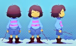  1other 2016 2d =_= ambiguous_gender arms_at_sides artist_name back blue_background blue_shorts blue_sweater bluyumu boots brown_boots brown_hair checkered_background child commentary digital_media double_horizontal_stripe english_commentary frisk_(undertale) from_side full_body gradient_background holding holding_stick horizontal-striped_clothes human long_sleeves multiple_views other_focus pink_stripes short_hair shorts signature solo standing stick straight-on striped_clothes striped_sweater sweater turnaround two-tone_sweater undertale utdr_(toby_fox) 