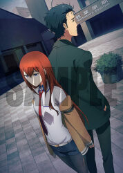 1boy 1girl akihabara_(tokyo) arm_belt artist_request back-to-back beard_stubble belt black_coat black_pants black_pantyhose black_shorts breast_pocket breasts brown_hair brown_jacket coat collared_shirt dutch_angle facial_hair frown hair_between_eyes hair_over_shoulder hand_in_pocket jacket jacket_partially_removed leather_belt long_hair looking_ahead makise_kurisu makise_kurisu_(amadeus) messy_hair necktie official_art okabe_rintarou okabe_rintarou_(beta) outdoors pants pantyhose pantyhose_under_shorts pocket purple_trim red_hair red_necktie sample_watermark science_adventure shirt short_hair short_shorts shorts small_breasts steins;gate steins;gate_0 stubble train_station very_long_hair violet_eyes watermark white_belt white_shirt yellow_eyes 