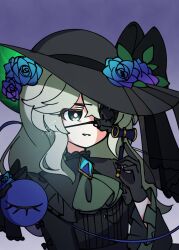  1girl alternate_costume ascot black_bow black_dress black_gloves black_hat blue_flower blue_rose bow brooch commentary_request diamond_brooch disembodied_linked_eye dress eyeball eyepatch flower frilled_eyepatch frilled_sleeves frills gloves goth_fashion gradient_background gradient_flower green_ascot green_eyes green_hair hat hat_bow hat_flower highres illust_atelier3 jewelry komeiji_koishi komeiji_koishi_(heartless_swamp_lady) long_hair long_sleeves lorgnette one-hour_drawing_challenge purple_background rose signature solo touhou touhou_lostword upper_body wide_sleeves 
