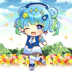  1girl :d ;d blue_dress blue_eyes blue_gloves blue_hair blue_sky blush boots chibi clouds commentary_request copyright_request day double_bun dress earrings fingerless_gloves flower full_body gloves green_hair hair_bun hair_ornament jewelry kou_hiyoyo looking_at_viewer multicolored_hair one_eye_closed outstretched_arm pink_flower pointing rainbow red_flower short_eyebrows sky smile solo standing standing_on_one_leg star_(symbol) star_hair_ornament thick_eyebrows thigh-highs thighhighs_under_boots twintails two-tone_hair virtual_youtuber white_boots white_flower white_thighhighs yellow_flower 