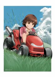  1girl :q border brown_hair closed_mouth commentary_request day driving grass honda honda_mio idolmaster idolmaster_cinderella_girls jacket kayatsu_urotoma lawnmower looking_ahead name_connection outdoors pink_jacket short_hair solo tongue tongue_out twitter_username white_border yellow_eyes 