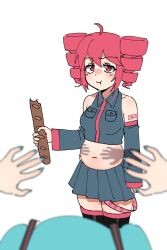 2girls ahoge aqua_hair baguette bare_shoulders belly black_shirt black_skirt black_sleeves black_thighhighs bread collared_shirt commentary detached_sleeves dochi_pi drill_hair fat_joke food hand_shadow_covering_breasts_(meme) hatsune_miku highres holding holding_food kasane_teto kasane_teto_(utau) long_sleeves looking_at_viewer meme multiple_girls navel red_eyes red_hair shirt skirt sleeveless sleeveless_shirt thigh-highs twin_drills untranslatable_commentary utau vocaloid white_background 