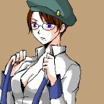  blue_eyes bra breasts brown_hair cleavage glasses gundam gundam_00 hat kati_mannequin lingerie lowres necktie oekaki underwear undressing 