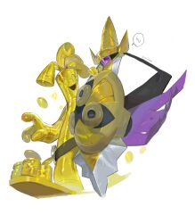  aegislash black_sclera cape colored_sclera colored_skin commentary_request fur-trimmed_cape fur_trim ghost_type_theme_(pokemon) hakumogera highres holding holding_shield one-eyed pokemon pokemon_(creature) pokemon_x_and_y shield steel_type_theme_(pokemon) sword weapon white_skin 
