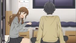  anime_screenshot arm_support bedroom black_hair black_skirt black_socks brown_cardigan brown_hair calendar_(object) cardigan collared_shirt grey_sweater hair_between_eyes hori-san_to_miyamura-kun hori_kyouko indoors katagiri_senior_high_school_uniform kneehighs kneeling long_hair miyamura_izumi no_shoes non-web_source on_floor school_uniform shirt sitting skirt socks sweater table white_shirt 
