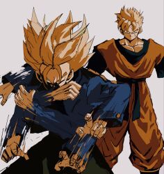  2boys amputee commentary_request dougi dragon_ball dragon_ball_z highres male_focus multiple_boys orange_pants pants son_gohan son_gohan_(future) spiky_hair sukinamangaooi super_saiyan super_saiyan_1 trunks_(dragon_ball) trunks_(future)_(dragon_ball) 