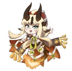  1girl :d ahoge arknights black_pantyhose black_scarf blush chibi commentary_request dragon_girl dragon_horns dragon_tail fangs fire flame-tipped_tail green_eyes hat highres horns le1171838305 looking_at_viewer official_alternate_costume open_mouth pantyhose pom_pom_(clothes) red_hat reed_(arknights) reed_the_flame_shadow_(arknights) reed_the_flame_shadow_(glowing_flame_in_the_night)_(arknights) scarf shirt simple_background smile socks solo tail white_background white_shirt white_socks 