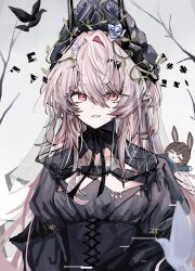  1girl absurdres amiya_(arknights) animal arknights bird black_bird black_dress branch breasts character_doll commentary demon_girl demon_horns doll dress grey_background highres horns long_hair moume_a official_alternate_costume pink_hair pointy_ears red_eyes revision simple_background small_breasts smile solo theresa_(arknights) theresa_(condolence)_(arknights) upper_body very_long_hair 
