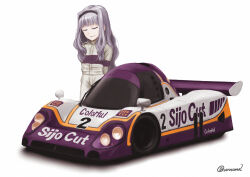  1girl arms_behind_back black_hairband car closed_eyes closed_mouth deformed grey_hair hairband idolmaster idolmaster_(classic) jaguar_xjr-9 jumpsuit kayatsu_urotoma long_hair motor_vehicle race_vehicle racecar racing_suit shijou_takane simple_background solo standing twitter_username white_background white_jumpsuit 