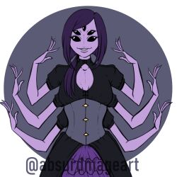  1:1 1girl 2021 2d absurdmage aged_up arachnid arthropod arthropod_girl artist_name black_dress black_sclera border bow breasts breasts_apart cleavage_cutout colored_sclera colored_skin commentary corset digital_media dress english_commentary extra_arms extra_eyes fangs female female_only grey_background grey_corset hair_bow hands_up highres muffet outside_border outstretched_arms ponytail puffy_short_sleeves puffy_sleeves purple_hair purple_skin red_bow round_border simple_background small_breasts solo spider spider_girl straight-on twitter_username undertale upper_body utdr_(toby_fox) variant_set white_border 