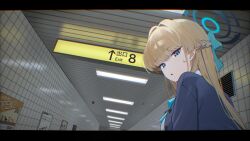  1girl absurdres blonde_hair blue_archive blue_bow blue_bowtie blue_cardigan blue_eyes blue_halo blue_streaks bow bowtie braid breasts cardigan exit_sign fluorescent_lamp hair_bow half_up_braid hallway halo highres indoors large_breasts long_hair multicolored_hair official_alternate_costume school_uniform solo streaked_hair subway_station sweatdrop the_exit_8 tile_wall tiles toki_(blue_archive) toki_(school_uniform)_(blue_archive) toughman very_long_hair 