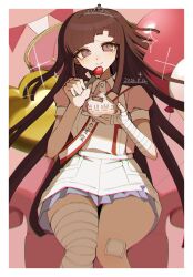 1girl apron bandaged_arm bandaged_hand bandaged_leg bandages bandaid bandaid_on_knee bandaid_on_leg blue_skirt blush border brown_hair cake cake_slice closed_mouth collared_shirt commentary_request danganronpa_(series) danganronpa_2:_goodbye_despair dated eyelashes food fork fruit highres holding holding_fork holding_plate long_hair mi_shengwu_3.2_hao pink_shirt plate puffy_short_sleeves puffy_sleeves sash shirt short_sleeves sitting skirt smile solo sparkle split_mouth strawberry string_of_flags tiara tsumiki_mikan very_long_hair violet_eyes white_apron white_border 