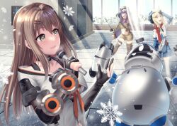  3girls absurdres ajitae beret blonde_hair blue_jumpsuit brown_hair brown_skirt girls'_frontline_2:_exilium girls_frontline hair_between_eyes hat highres jumpsuit k2_(girls'_frontline) long_hair multiple_girls nagant_(girls'_frontline_2) nagant_revolver_(girls'_frontline) purple_hair red_scarf scarf short_jumpsuit skirt stechkin_(girls'_frontline) ushanka white_hat yoohee_(girls'_frontline_2) 