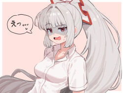  1girl border bow collarbone commentary embarrassed fujiwara_no_mokou hair_bow highres long_hair looking_at_viewer mynameislth2 open_mouth outside_border pink_background red_eyes shaded_face shirt simple_background solo speech_bubble sweatdrop touhou translation_request upper_body very_long_hair white_border white_hair white_shirt 