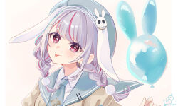  1girl animal_ears balloon beret blue_sailor_collar braid collared_shirt commentary_request hair_ornament hat highres multicolored_hair necktie pink_hair rabbit_ears rino_cnc sailor_collar shirt solo streaked_hair tongue tongue_out tosaki_mimi twin_braids virtual_youtuber vspo! 