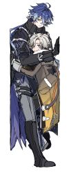  2boys absurdres black_capelet black_coat black_gloves black_pants blue_eyes blue_hair blush capelet coat collared_capelet commentary_request cramped crossed_bangs earrings flins_(genshin_impact) full_body fur-trimmed_coat fur-trimmed_sleeves fur_trim genshin_impact gloves gradient_hair grey_hair grey_pants hair_between_eyes hair_intakes harumaki_(harumaking19) height_difference highres illuga_(genshin_impact) implied_yaoi jewelry leg_warmers light_bl light_smile long_hair long_sleeves male_focus mole mole_under_eye multicolored_coat multicolored_hair multiple_boys pants parted_lips red_hair shoes single_earring sleeve_cuffs smile strap streaked_hair stuck sweatdrop thigh_strap two-tone_hair white_background 