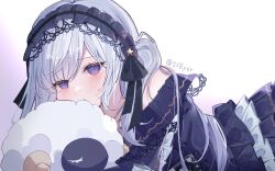  1girl artist_name blue_dress blue_hairband blue_headband bow cheek_press commentary dress frilled_dress frills gothic_lolita hairband headband highres lolita_fashion lolita_hairband long_hair looking_at_viewer lying mahou_shoujo_no_majo_saiban natsume_an-an on_stomach polka_dot polka_dot_bow simple_background solo stuffed_animal stuffed_sheep stuffed_toy violet_eyes white_background white_hair yozora_(ssryzr) 