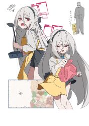  1boy 1girl apron bento black_hairband black_ribbon black_skirt blue_archive blue_necktie commentary_request double-parted_bangs food grey_hair hair_between_eyes hair_ribbon hairband half_updo halo highres holding holding_bento holding_spatula kei_(blue_archive) kei_(new_body)_(blue_archive) long_hair long_hair_between_eyes lunchbox necktie pink_eyes pink_halo pleated_skirt rectangular_halo ribbon rice skirt spatula very_long_hair wrapped_bento yakinasubi yellow_apron 