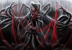  1other absurdres ambiguous_gender arthropod_limbs claws commentary_request hen_na highres korean_commentary library_of_ruina mask project_moon stomach_mouth string teeth tentacles the_carnival_(project_moon) track_suit white_mask 