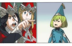 1boy 2girls black_hair blonde_hair blue_eyes cioccolatodorima cloak coco_(tongari_boushi_no_atelier) commentary easthies_(tongari_boushi_no_atelier) english_commentary green_hair hat highres knights_moralis_uniform long_hair luluci_(tongari_boushi_no_atelier) meme multiple_girls open_mouth pointing qifrey's_atelier_apprentice_uniform short_hair teeth tongari_boushi_no_atelier wizard_hat woman_yelling_at_cat_(meme) 