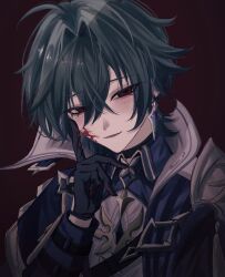  1boy absurdres ahoge armor black_gloves blood blood_on_face blood_on_gloves blue_eyes blush commentary crossed_bangs earrings eyes_visible_through_hair gem genshin_impact gloves gold_trim green_hair hair_between_eyes hair_intakes highres jewelry knight lohen_(genshin_impact) male_focus ninii_u4 open_mouth red_eyes shoulder_armor silver_trim single_earring solo tassel upper_body watermark 