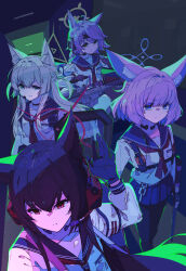  4girls absurdres animal_ears anti-materiel_rifle ballistic_shield barrett_m82 black_gloves black_hair blonde_hair blue_archive blunt_bangs braid commentary_request ember_(7012) fox_ears fox_girl fox_platoon_(blue_archive) gloves grey_hair gun hair_between_eyes halo hand_up headset highres kurumi_(blue_archive) long_hair long_sleeves miniskirt multiple_girls neckerchief niko_(blue_archive) otogi_(blue_archive) pink_hair pleated_skirt pump_action red_neckerchief remington_870 rifle shield shirt short_hair shotgun skirt sniper_rifle standing swept_bangs v-shaped_eyebrows weapon white_shirt yukino_(blue_archive) 