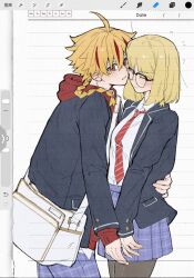 1boy 1girl ahoge arm_around_another's_waist art_program_in_frame bag blonde_hair blue_pants blue_skirt blush braid brown_pantyhose cheek-to-cheek closed_mouth commentary_request cowboy_shot diagonal-striped_clothes diagonal-striped_necktie fate/strange_fake fate_(series) from_side glasses heads_together hetero highres hood hood_down hoodie jacket jacket_over_hoodie multicolored_hair necktie open_clothes open_jacket pants pantyhose procreate_(medium) procreate_(software) red_eyes red_hair red_hoodie red_necktie richard_i_(fate) sajou_ayaka_(fate/strange_fake) shirt shoulder_bag shuouyu single_braid skirt streaked_hair striped_clothes striped_necktie tearing_up tie_clip white_bag white_shirt 
