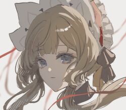  1girl black_bow black_collar blue_eyes bonnet bow brown_hair closed_mouth collar commentary_request detached_collar genshin_impact hair_bow hair_ornament looking_at_viewer miyamiyayaaaa portrait sandrone_(genshin_impact) short_hair_with_long_locks simple_background solo white_background white_headdress 
