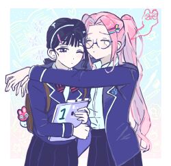  2girls alien_stage arms_around_neck backpack bag black_hair black_skirt blazer blue_jacket brown_bag chinese_commentary closed_eyes commentary_request food-themed_hair_ornament giving_up_the_ghost glasses hair_ornament hairband hairclip highres holding holding_notebook hug jacket long_hair low_ponytail mizi_(alien_stage) multiple_girls notebook official_alternate_costume one_eye_closed peach_hair_ornament ponytail sadahalu_ai_la_shi school_uniform shirt skirt star_(symbol) star_hair_ornament sua_(alien_stage) twintails very_long_hair violet_eyes white_hairband white_shirt 