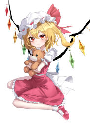  1girl absurdres ankle_socks back_bow blonde_hair blush bobby_socks bow closed_mouth commentary crystal_wings flandre_scarlet frilled_hat frilled_skirt frilled_sleeves frills full_body happy90572084 hat highres holding holding_stuffed_toy looking_at_viewer medium_hair mob_cap pink_shoes pink_skirt pink_vest pout puffy_short_sleeves puffy_sleeves red_eyes shirt shoes short_sleeves simple_background sitting skirt socks solo stuffed_animal stuffed_toy teddy_bear touhou vest wariza white_background white_bow white_hat white_shirt white_socks wings 