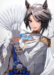 1girl amekudaki animal_ears black_hair blue_eyes blue_sash cape commentary epaulettes fuji_kiseki_(blanche_etoile)_(umamusume) fuji_kiseki_(umamusume) gloves hair_between_eyes hand_fan highres holding holding_fan horse_ears horse_girl jacket long_sleeves multicolored_hair official_alternate_costume open_mouth revision sash short_hair smile solo streaked_hair umamusume white_cape white_gloves white_jacket 