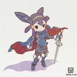  1girl artist_logo black_eyes black_hair blue_boots blue_cape blue_gloves blue_tunic boots cape closed_mouth commentary cosplay dated fingerless_gloves fire_emblem fire_emblem_awakening full_body gloves hair_rings highres holding holding_sword holding_weapon logo looking_at_viewer lucina_(fire_emblem) lucina_(fire_emblem)_(cosplay) mizura nihongami quad_hair_rings red_cape signature simple_background smile solo standing sword tama-jii tensui_no_sakuna-hime thigh_boots tiara tunic two-sided_cape two-sided_fabric untranslatable_commentary weapon white_background y_koichi 