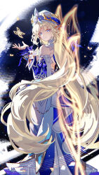  1girl absurdres bare_shoulders beret blonde_hair blue_eyes breasts bug butterfly closed_mouth commentary_request detached_sleeves dress facial_mark forehead_mark genshin_impact hat highres long_hair long_sleeves looking_at_another looking_at_viewer looking_back nicole_reeyn pointy_ears shen_shen_ruqi smile solo symbol-shaped_pupils very_long_hair white_dress white_hat 