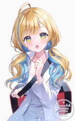  1girl :o ahoge bag blonde_hair blue_hair blue_streaks colored_inner_hair commentary_request grey_background hand_up highres jacket lapels long_hair long_sleeves looking_at_viewer low_twintails momoshiki_tsubaki multicolored_hair notched_lapels open_mouth pants riot_music shirakawa_shirase shirt simple_background solo streaked_hair swept_bangs twintails virtual_youtuber white_background white_jacket white_pants white_shirt yellow_eyes 