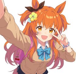  1girl :d animal_ears bead_bracelet beads black_ribbon blue_bow blue_bowtie bow bowtie bracelet brown_cardigan cardigan collared_shirt commentary_request ear_ribbon flower hair_flower hair_ornament highres horse_ears inuyama_nanami jewelry looking_at_viewer mayano_top_gun_(umamusume) open_mouth orange_eyes orange_hair ribbon school_uniform selfie shirt smile solo star_(symbol) star_sticker sticker sticker_on_face umamusume v white_shirt yellow_flower 