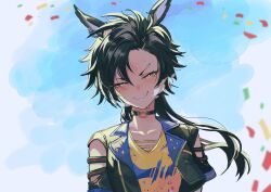  1girl absurdres air_shakur_(umamusume) air_shakur_(unsigned)_(umamusume) animal_ears black_choker black_hair black_jacket blush breasts breath choker clothing_cutout confetti cropped_jacket ear_chain eyebrow_piercing face_piercing grin highres horse_ears horse_girl jacket linked_piercing long_hair looking_at_viewer open_clothes open_jacket open_mouth paint_on_clothes piercing sharp_teeth shirt short_sleeves small_breasts smile solo sweat teeth tosato umamusume upper_body yellow_eyes yellow_shirt 