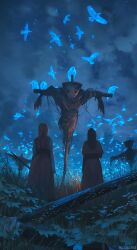  2girls bird black_hair capelet clouds cloudy_sky commentary dress facing_away from_behind ghost highres medium_hair monokubo multiple_girls night original outdoors red_capelet red_dress scarecrow scenery sky standing star_(sky) starry_sky twitter_username untranslatable_commentary 