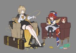  2girls :d absurdres aglaea_(honkai:_star_rail) alternate_costume ankle_strap armchair ascot back_bow bag_charm black_cape black_dress black_hat black_pantyhose black_shorts black_skirt blonde_hair blue_eyes blue_ribbon bow box breasts brooch cape chair character_doll charm_(object) collared_shirt commentary cross-shaped_pupils doll dress feathered_wings flower flower_brooch frilled_cape frilled_sleeves frills full_body green_eyes grey_background hair_between_eyes hair_flower hair_ornament hair_ribbon hat hat_flower height_difference high-waist_shorts highres holding holding_star honkai:_star_rail honkai_(series) index_finger_raised jewelry jitome knees_together_feet_apart large_breasts laurel_crown legs_together letter long_sleeves looking_at_object looking_at_viewer medium_dress medium_hair multiple_girls neck_ribbon one_side_up outstretched_arm pantyhose papajay_(jennygin2) parted_lips pinafore_dress pinstripe_pattern pointy_ears red_bow red_hair ribbon shirt shoes short_hair short_shorts short_sleeves shorts showgirl_skirt side-by-side simple_background sitting skirt sleeveless sleeveless_dress smile star_(symbol) string striped_cape suitcase symbol-shaped_pupils thigh_strap tribbie_(honkai:_star_rail) two-sided_cape two-sided_fabric two-sided_skirt untranslatable_commentary white_flower white_shirt white_shoes wings yellow_ascot yellow_cape yellow_skirt yellow_wings 