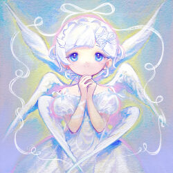  1girl absurdres angel angel_wings arm_ribbon blue_eyes commentary_request dress hidari_(nanmu-left) highres looking_at_viewer multiple_wings original own_hands_together praying ribbon short_hair smile solo straight-on upper_body white_dress white_ribbon white_wings wings 